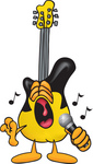 Clip Art Graphic of a Yellow Electric Guitar Cartoon Character Singing Loud Into a Microphone