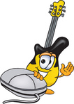 Clip Art Graphic of a Yellow Electric Guitar Cartoon Character With a Computer Mouse