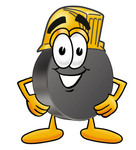 Clip Art Graphic of an Ice Hockey Puck Cartoon Character Wearing a Hardhat Helmet