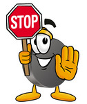 Clip Art Graphic of an Ice Hockey Puck Cartoon Character Holding a Stop Sign