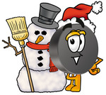 Clip Art Graphic of an Ice Hockey Puck Cartoon Character With a Snowman on Christmas