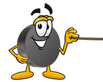 Clip Art Graphic of an Ice Hockey Puck Cartoon Character Holding a Pointer Stick