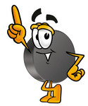 Clip Art Graphic of an Ice Hockey Puck Cartoon Character Pointing Upwards