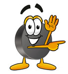Clip Art Graphic of an Ice Hockey Puck Cartoon Character Waving and Pointing