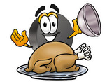 Clip Art Graphic of an Ice Hockey Puck Cartoon Character Serving a Thanksgiving Turkey on a Platter