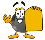 Clip Art Graphic of an Ice Hockey Puck Cartoon Character Holding a Yellow Sales Price Tag