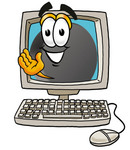 Clip Art Graphic of an Ice Hockey Puck Cartoon Character Waving From Inside a Computer Screen