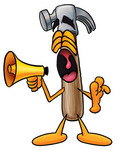 Clip Art Graphic of a Hammer Tool Cartoon Character Screaming Into a Megaphone