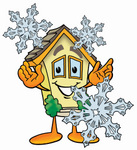 Clip Art Graphic of a Yellow Residential House Cartoon Character With Three Snowflakes in Winter