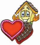 Clip Art Graphic of a Yellow Residential House Cartoon Character With an Open Box of Valentines Day Chocolate Candies