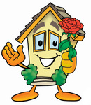 Clip Art Graphic of a Yellow Residential House Cartoon Character Holding a Red Rose on Valentines Day