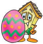 Clip Art Graphic of a Yellow Residential House Cartoon Character Standing Beside an Easter Egg
