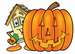 Clip Art Graphic of a Yellow Residential House Cartoon Character With a Carved Halloween Pumpkin