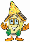 Clip Art Graphic of a Yellow Residential House Cartoon Character Wearing a Birthday Party Hat