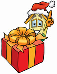 Clip Art Graphic of a Yellow Residential House Cartoon Character Standing by a Christmas Present