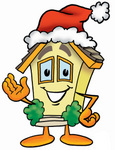 Clip Art Graphic of a Yellow Residential House Cartoon Character Wearing a Santa Hat and Waving