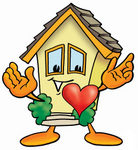 Clip Art Graphic of a Yellow Residential House Cartoon Character With His Heart Beating Out of His Chest