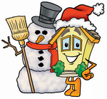 Clip Art Graphic of a Yellow Residential House Cartoon Character With a Snowman on Christmas