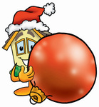 Clip Art Graphic of a Yellow Residential House Cartoon Character Wearing a Santa Hat, Standing With a Christmas Bauble