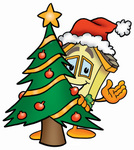 Clip Art Graphic of a Yellow Residential House Cartoon Character Waving and Standing by a Decorated Christmas Tree