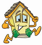 Clip Art Graphic of a Yellow Residential House Cartoon Character Running