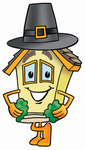 Clip Art Graphic of a Yellow Residential House Cartoon Character Wearing a Pilgrim Hat on Thanksgiving