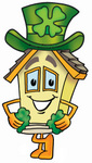 Clip Art Graphic of a Yellow Residential House Cartoon Character Wearing a Saint Patricks Day Hat With a Clover on it