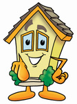Clip Art Graphic of a Yellow Residential House Cartoon Character Pointing at the Viewer