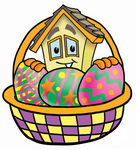 Clip Art Graphic of a Yellow Residential House Cartoon Character in an Easter Basket Full of Decorated Easter Eggs