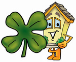 Clip Art Graphic of a Yellow Residential House Cartoon Character With a Green Four Leaf Clover on St Paddy’s or St Patricks Day