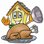Clip Art Graphic of a Yellow Residential House Cartoon Character Serving a Thanksgiving Turkey on a Platter
