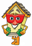 Clip Art Graphic of a Yellow Residential House Cartoon Character Wearing a Red Mask Over His Face