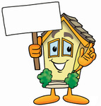 Clip Art Graphic of a Yellow Residential House Cartoon Character Holding a Blank Sign