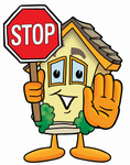 Clip Art Graphic of a Yellow Residential House Cartoon Character Holding a Stop Sign