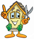 Clip Art Graphic of a Yellow Residential House Cartoon Character Holding a Pair of Scissors
