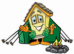 Clip Art Graphic of a Yellow Residential House Cartoon Character Camping With a Tent and Fire