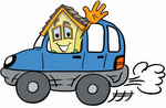 Clip Art Graphic of a Yellow Residential House Cartoon Character Driving a Blue Car and Waving