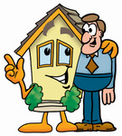 Clip Art Graphic of a Yellow Residential House Cartoon Character Talking to a Business Man