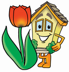 Clip Art Graphic of a Yellow Residential House Cartoon Character With a Red Tulip Flower in the Spring