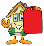 Clip Art Graphic of a Yellow Residential House Cartoon Character Holding a Red Sales Price Tag