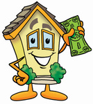 Clip Art Graphic of a Yellow Residential House Cartoon Character Holding a Dollar Bill