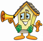 Clip Art Graphic of a Yellow Residential House Cartoon Character Holding a Megaphone