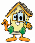 Clip Art Graphic of a Yellow Residential House Cartoon Character Looking Through a Magnifying Glass