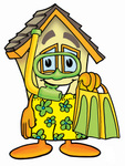 Clip Art Graphic of a Yellow Residential House Cartoon Character in Green and Yellow Snorkel Gear