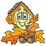 Clip Art Graphic of a Yellow Residential House Cartoon Character With Autumn Leaves and Acorns in the Fall