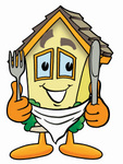Clip Art Graphic of a Yellow Residential House Cartoon Character Holding a Knife and Fork