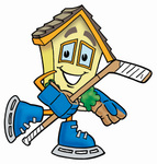 Clip Art Graphic of a Yellow Residential House Cartoon Character Playing Ice Hockey