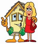 Clip Art Graphic of a Yellow Residential House Cartoon Character Talking to a Pretty Blond Woman