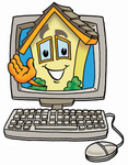 Clip Art Graphic of a Yellow Residential House Cartoon Character Waving From Inside a Computer Screen
