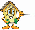 Clip Art Graphic of a Yellow Residential House Cartoon Character Holding a Pointer Stick